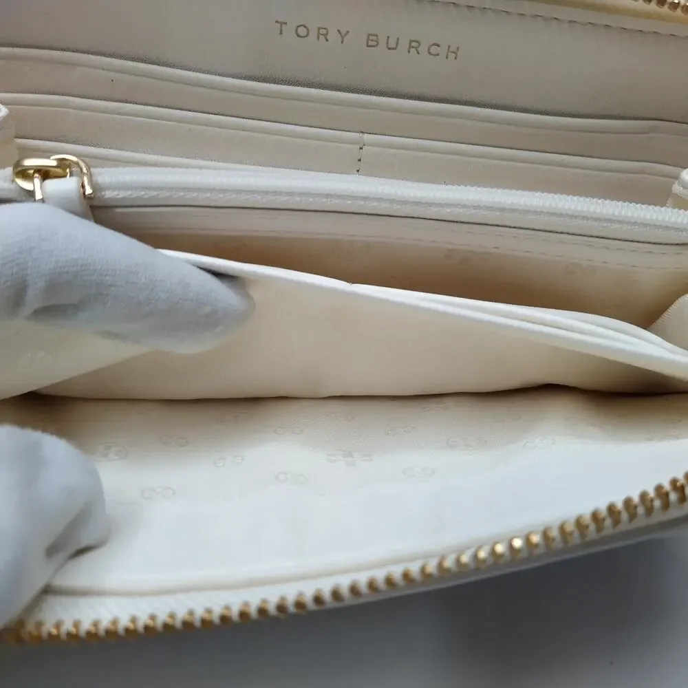 Tory Burch Gemini Ivory Gray Coated Canvas Link Stripe Zip Around Wallet